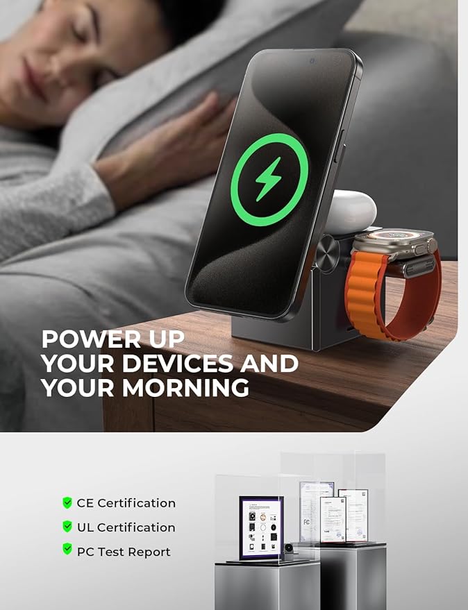 LISEN Qi2 Magsafe Charger Stand 3 in 1 Charging Station for Apple iPhone and Watch Charging Station for 15W Magsafe Charger Stand Cube, Foldable for iPhone 17 16 and Google Pixle 10, 10 Pro, 10 Pro XL