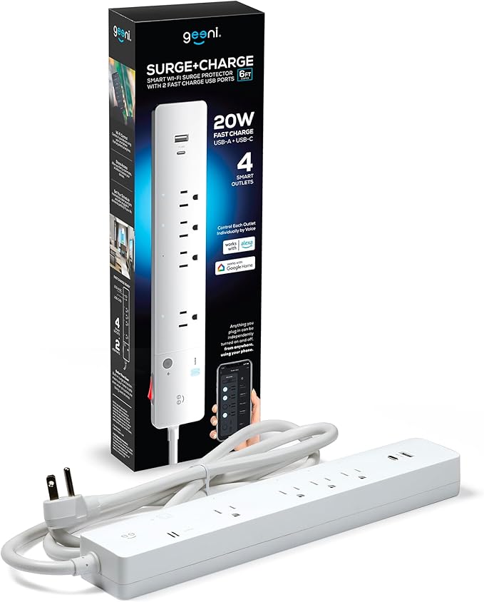 Geeni Smart Surge Protector Power Strip with 4 Smart Outlets, 2 USB Ports (USB-A & USB-C), Surge Protection, Wi-Fi & App Control, Compatible with Alexa & Google Assistant, Smart Power Strip