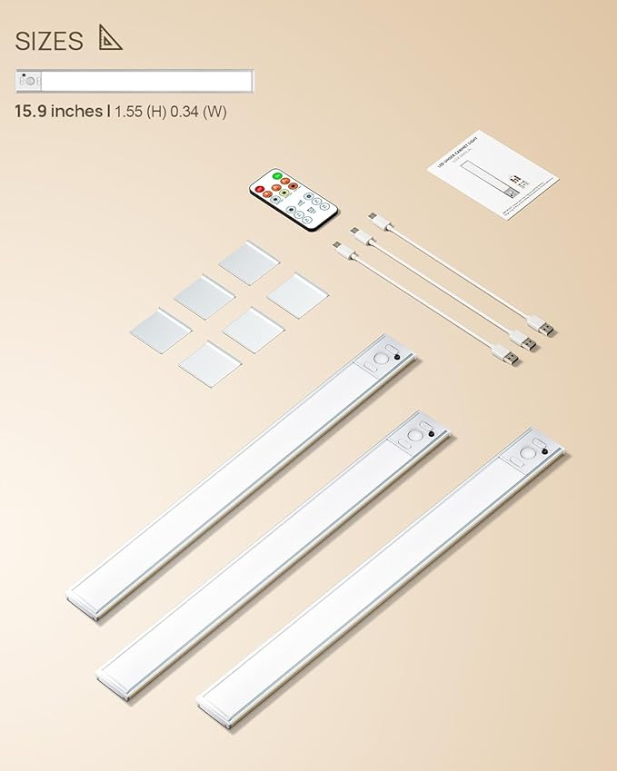 16inch Under Cabinet Lighting Wireless, Rechargeable Motion Sensor Light Indoor, Closet Lights with Remote, 3 Color Temps & Dimmable, Magnetic Under Counter Lights for Kitchen, Stairs, Pantry, 3 Pack