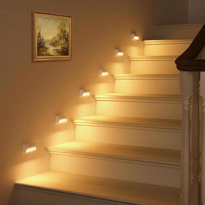 VOLISUN Motion Sensor Stair Light Rechargeable 2 Pack, Night Lights 3 Modes & 3 Color Temperatures, Magnetic Rechargeable Stick-On Lights for Stairs, Hallway, Cabinet(White)
