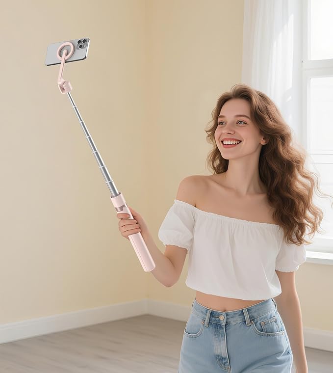 TONEOF 68" Magnetic Selfie Stick Tripod with Aluminum Strong Magnetic Holder for Magsafe, 360° Rotatable Travel Phone Tripod Stand with Metal Ring & Rechargeable Remote for iPhone/Android(Pink)