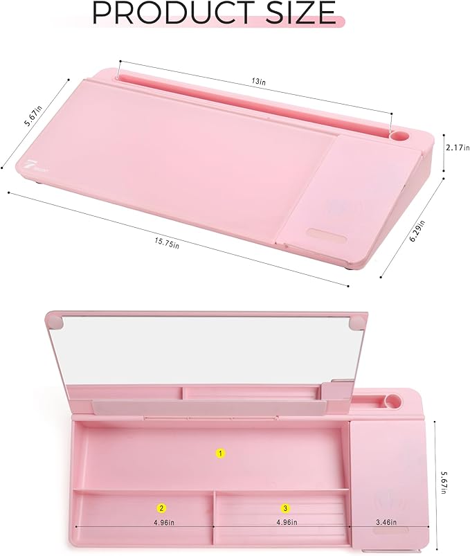 TOWON Desktop Glass Whiteboard with Charger Pad, Small Desk Whiteboard - Glass Dry Erase White Board- Desk Computer Buddy with Storage, Mirror and Charging Station, Pink, 17 x 6 in
