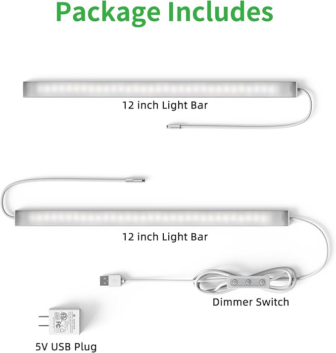 Plug-in Under Cabinet Lighting, Dimmable Counter Lights for Kitchen, 2pcs 12 Inch, Cold White 6000K Linkable USB Led Closet Light, Wired Indoor Night Lights Bar for Desk, Sink,Workbench