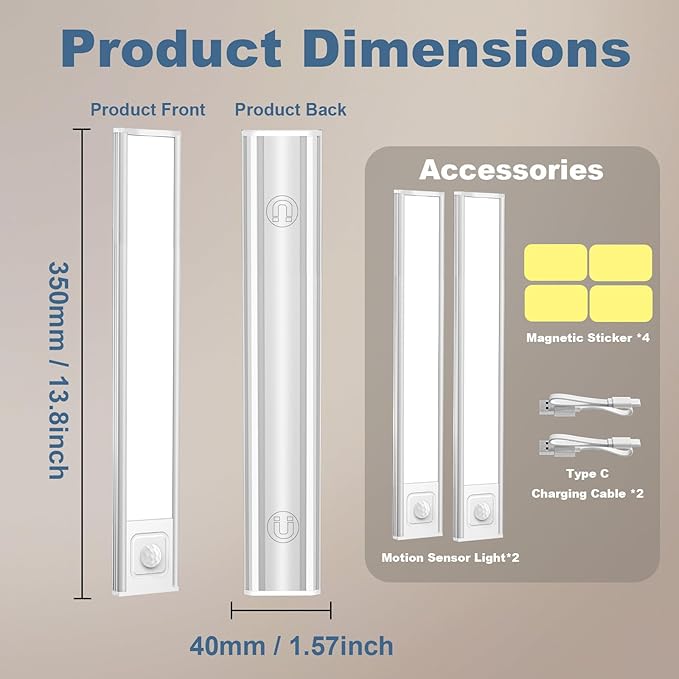 Onforu 13.8" Under Cabinet Lighting, 2700mAh USB-C Rechargeable, Motion Sensor Under Cabinet Lights with 3 Color & Dimmable, Magnetic Under Counter Lights for Kitchen, Closet, 2 Pack