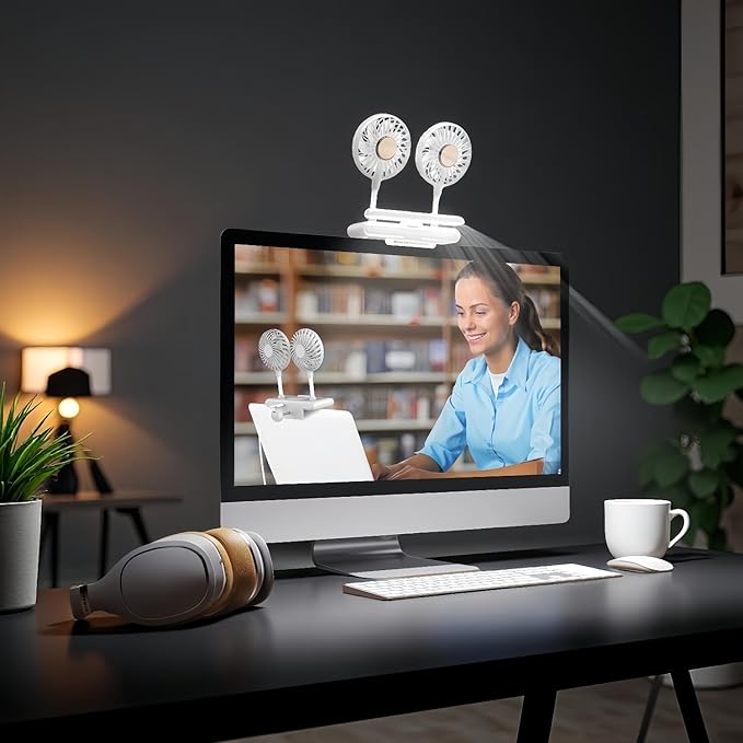 Binguowang Monitor Fan with Clamp & Light Bar Desk Lamp with fan for Office mini Desk fan small quiet with lamp for PC Laptops Tablet for Home Office Portable Working Reading Stand Lamp (LightGray)