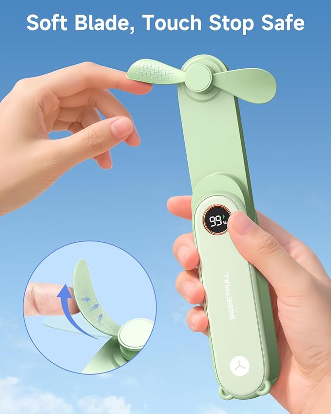 SWEETFULL Portable Handheld Mini Fan with LED Display, 3-in-1 Personal Foldable USB Rechargeable Hand Held Fan & Flashlight for Travel, Lash Eyelash, Cute Small Pocket for Women, Girls
