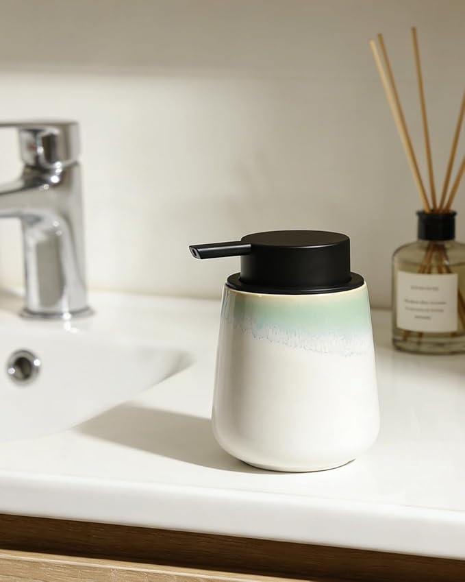 BosilunLife Hand Soap Dispenser - Ceramic Dish Soap Dispenser for Bathroom 12ounce Refillable Liquid Hand Wash Dispenser for Essential Oil, Lotion Soap, White with Blue-Green Rim