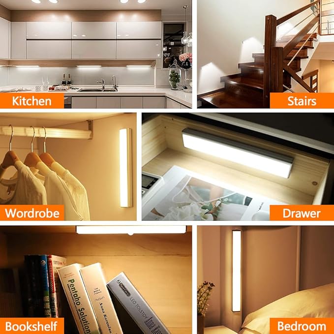 4 Pack Motion Sensor Closet Lights, 10 LED Stick-on Anywhere Magnetic Portable Wireless LED Under Cabinet Lights, Rechargeable Battery Night Light Bar for Closet Kitchen Hallway Stair(Daylight White)