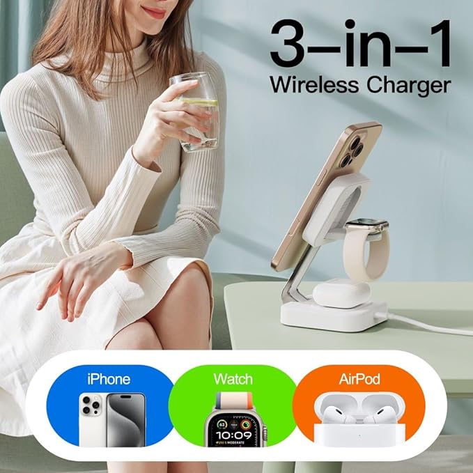 RYND 2026 Traveling Wireless Magnetic Fast Charging Station,3 in 1 Charger with i Phone 17 16 15 14 13 12 Pro Max Plus,Apple Watch Series & Air pod 4 3 2 Pro-Gifts for Wife & Husband(Rose Red)