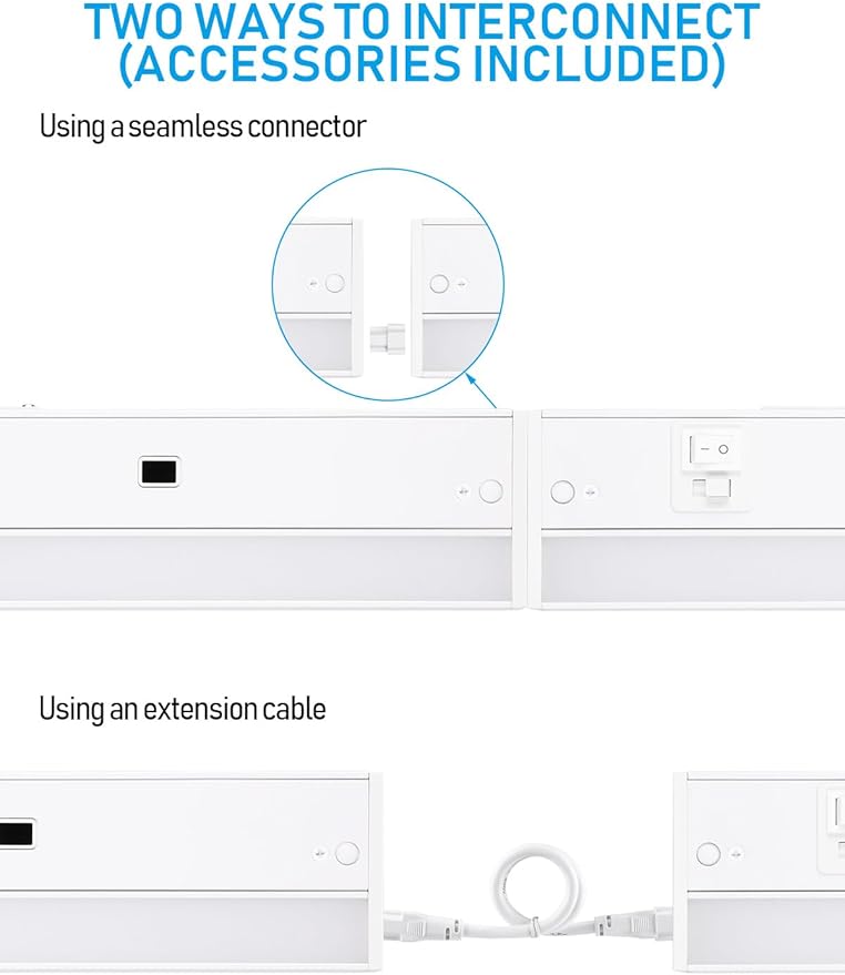 TORCHSTAR LED Under Cabinet Lighting 3CCT, 12 Inch 8W 540LM, Hardwired & Plug-in, Hand Wave Motion Sensor, CRI90 120V ETL Dimmable Under Counter Lights for Kitchen, White Aluminum Housing, Pack of 2