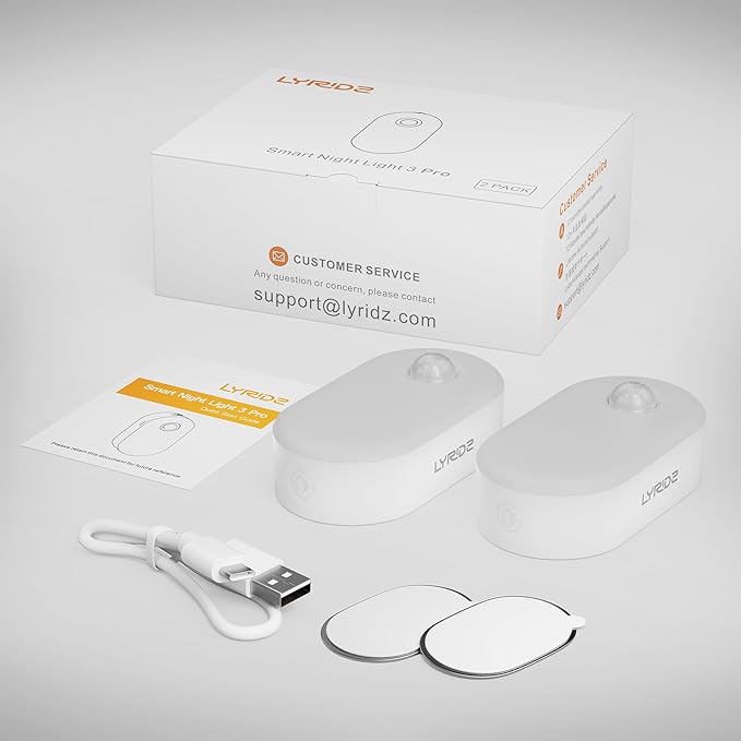 Lyridz Rechargeable Night Light with Motion Sensor, Dimmable Amber Nightlights for Bathroom, Bedroom, Kids Room, Hallway, Stairs, Pet House, 2 Pack