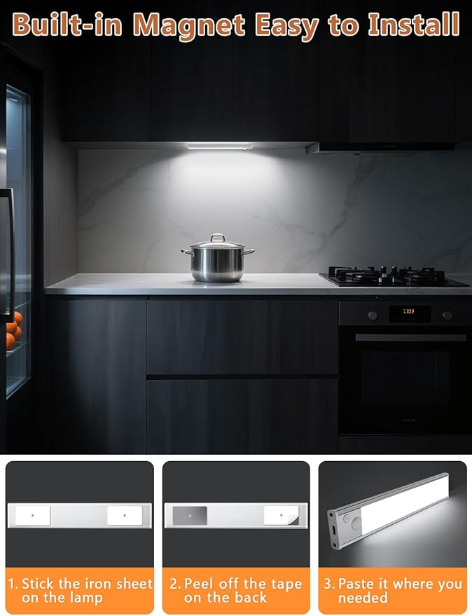 Under Cabinet Rechargeable Lighting: 12 Inch Motion Sensor Dimmable Lights Indoor - Battery Operated Lights - Wireless Closet Light Magnetic Led Light for Kitchen Home Bathroom Counter 5 Pack