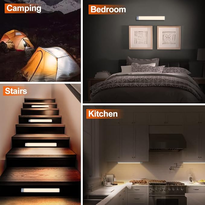PRIORARE Under Cabinet Lighting 54 LED Motion Sensor Closet Light, 2500mAh Rechargeable Ultra Thin Magnetic Closet Lighting, 350lm Led Wireless Lights for Kitchen, Stairs(Warm White, 2Pack)