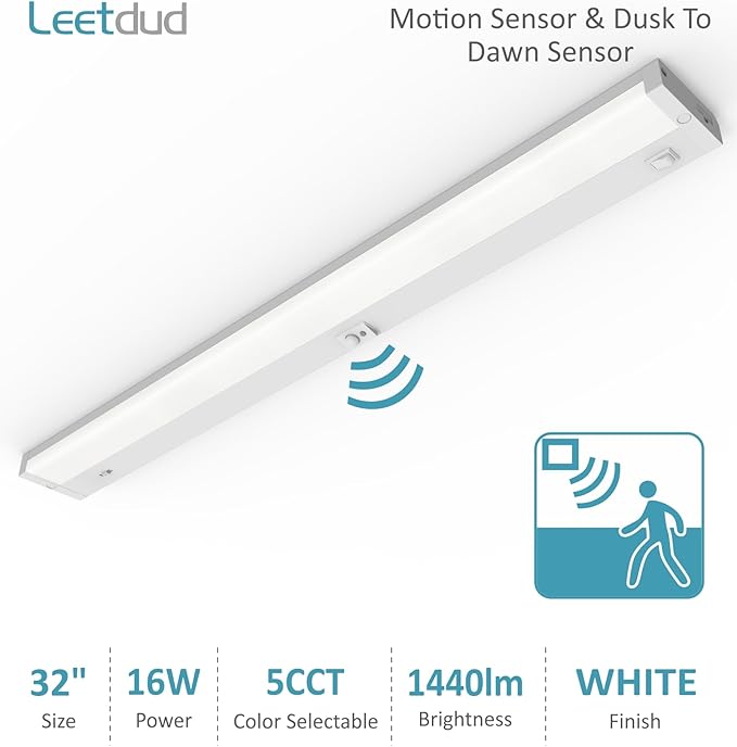 Leetdud Under Cabinet Lighting Motion Sensor Hardwired, 32 Inch 16W Dimmable, 5 CCT 2700/3000/3500/4000/5000K, Eyes Care Design Linkable Under Counter Lights for Kitchen, Sink, ETL Listed, White