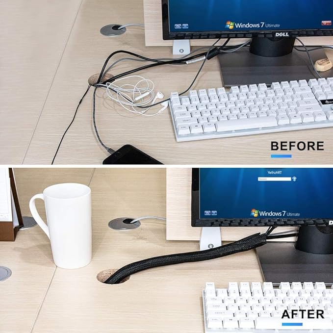 AGPTEK Cable Sleeve, 6.6ft - 2/3 inch Cable Management Desk Cord Cover Organizer Wire Hider for Home Office Computer TV Wire Loom Tubing Pet Proof Cord Protector from Cat Dog Chewing, Black