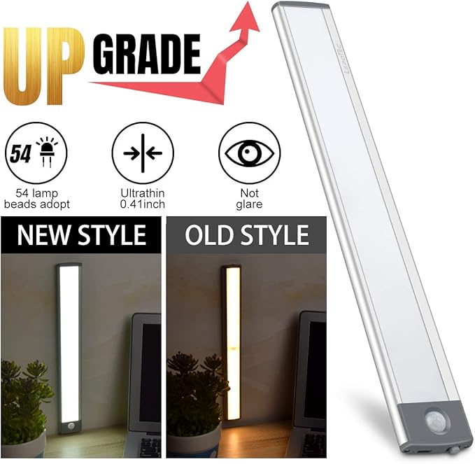LED Motion Sensor Light,Under Counter Lighting, Wireless USB Rechargeable Kitchen Night Lights,Battery Powered Operated Light,54-LED Light for Wardrobe,Closets,Cabinet,Cupboard, 2 Count (Pack of 1)
