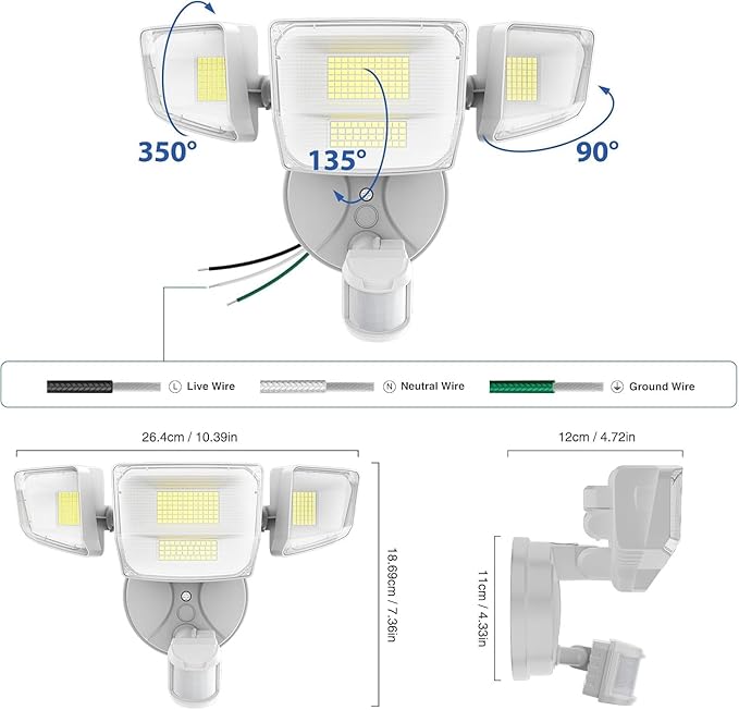 Onforu 90W 10000LM LED Motion Sensor Outdoor Lights, 4-Head Dusk to Dawn Outdoor Lighting, 2 Pack Hardwired Flood Lights, IP66 Waterproof 6500K Security Floodlight for Outside (White)