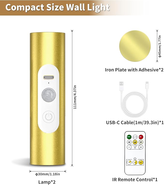 WOBSION Motion Sensor Wall Light with Remote Control, Rechargeable Wireless Wall Sconce, Brightness Adjustable, 3 Color Mode,Indoor Lamp for Hallway, Bedroom,Picture,LED,Gold,2 Pack