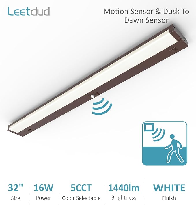 Leetdud Under Cabinet Lighting Motion Sensor Hardwired, 32 Inch 16W Dimmable, 5 CCT 2700/3000/3500/4000/5000K, Eyes Care Design Linkable Under Counter Lights for Kitchen, Sink, ETL Listed, Bronze