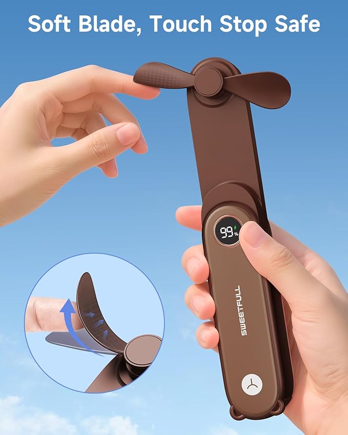 SWEETFULL Portable Handheld Mini Fan with LED Display, 3-in-1 Personal Foldable USB Rechargeable Hand Held Fan & Flashlight for Travel, Lash Eyelash, Cute Small Pocket for Women, Girls