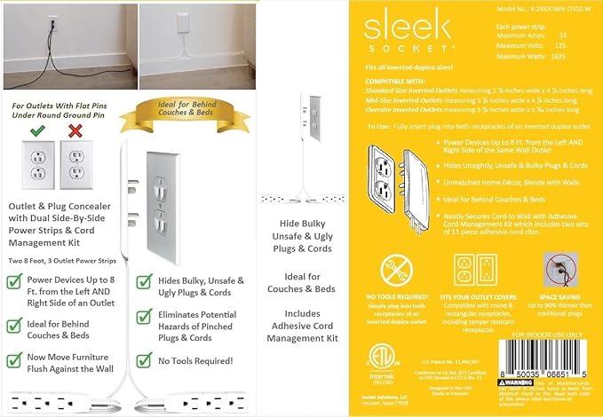 Sleek Socket Original and Patented Flat Ultra-Thin Outlet Concealer with EXTENSIO