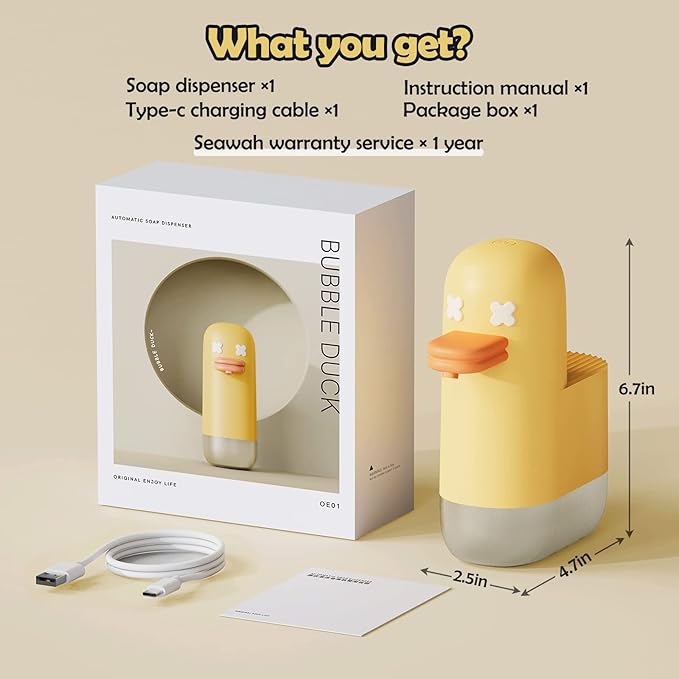 Seawah Automatic Foaming,Rechargeable Cute Bubble Duck Touchless Hand Foam Soap Dispenser for Bathroom,Smart Electric Sensor Soap Dispenser Kitchen(Yellow)
