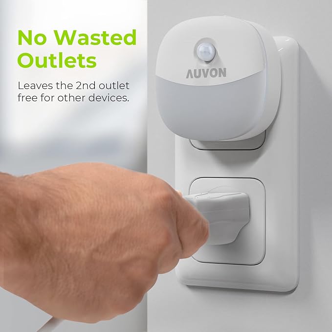 AUVON Plug in Night Light with Motion Sensor and Dusk to Dawn Sensor, Mini Cool White LED Nightlight with 1-50 lm Adjustable Brightness for Bathroom, Hallway, Stairs, Bedroom, Kitchen, 4 Packs