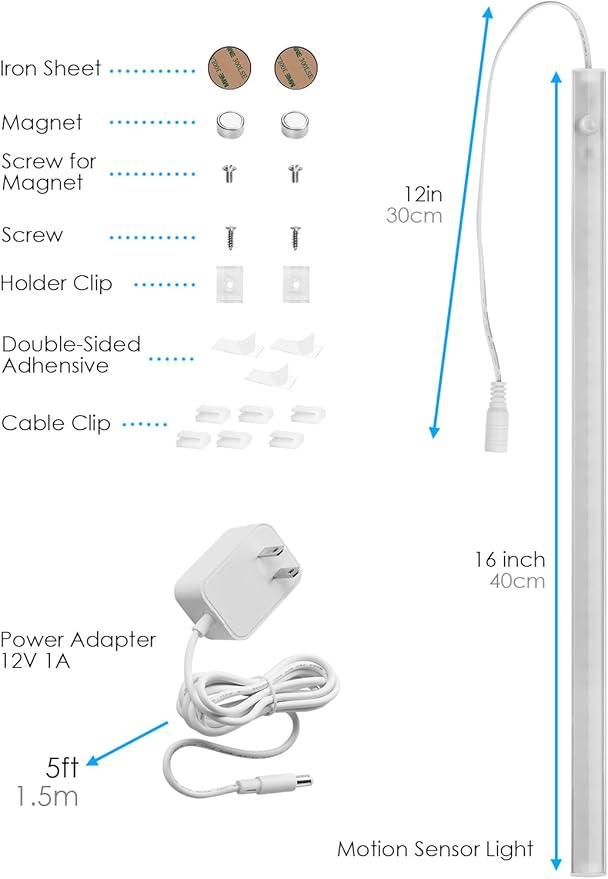 Under Cabinet Lighting LED Motion Sensor Lights Plug in Indoor, 16 inch 500LM 12V Under Counter Super Bright Ultra Thin Magnetic for Kitchen/Closet/Hallway/Toilet/Garage(Cool White/6000K)