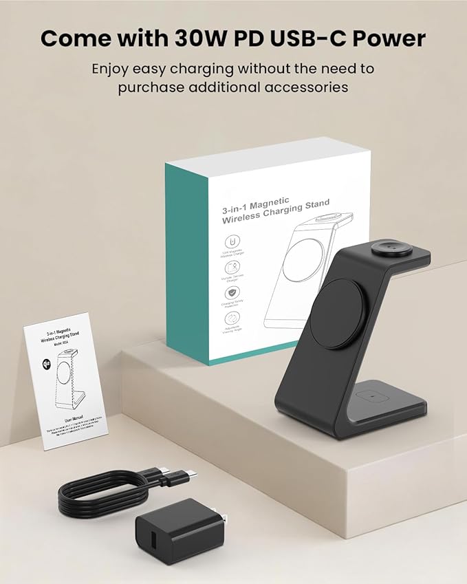 Magsafe Wireless Charging Station for iPhone: 3 in 1 15W Magnetic Portable Desktop Charging Station for iPhone17/16/15/14/13/12 Series, Apple Watch, AirPods 4/3/2/Pro