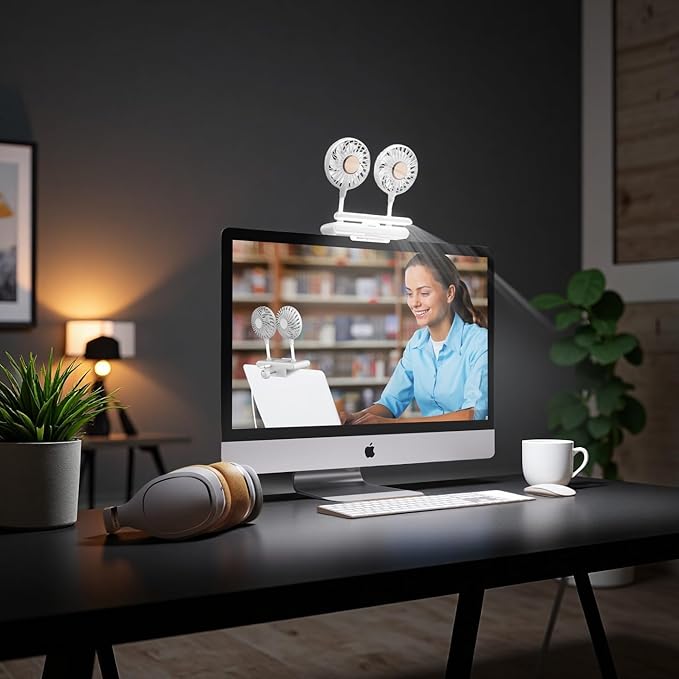 Binguowang Monitor Fan with Clamp & Light Bar Desk Lamp with fan for Office mini Desk fan small quiet with lamp for PC Laptops Tablet for Home Office Portable Working Reading Stand Lamp (Dark Blue)