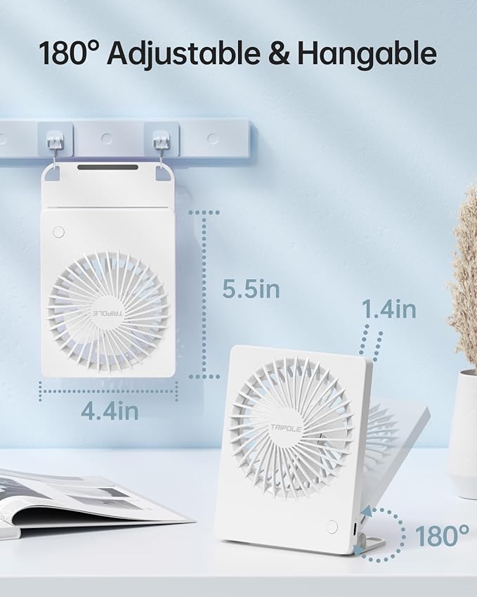 TriPole Mini Portable Desk Fan Rechargeable Ultra Quiet Small Fan 4.5 Inch Personal Travel Fan with 180° Tilt Folding and 3 Speeds Adjustable for Office Desktop Bedroom White