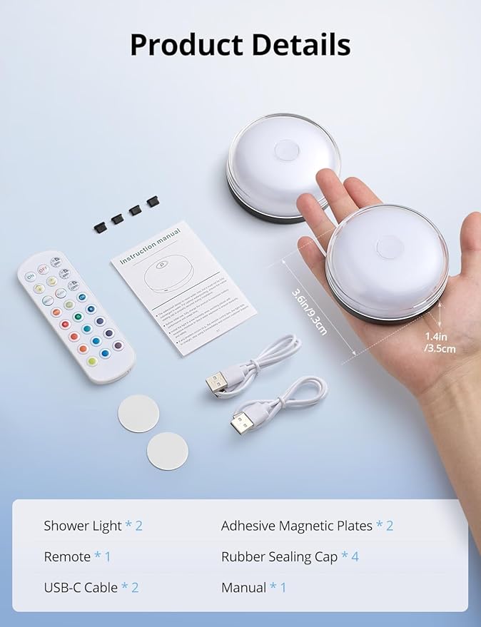 Combuh Rechargeable RGB Ambient Shower Light Waterproof Inside, 15 Color Changing Mood Lighting for Bathroom Bathtub IP65 Waterproof Cordless Battery Operated Stick on Lamp with Remote(Black 2 Pack)