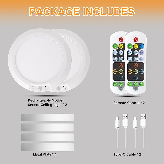 Rechargeable Motion Sensor Ceiling Light, 5 Colors Wireless Battery Operated Shower Lights with Remote, Magnetic Closet Light for Closet Shower Bathroom Hallway, 2 Pack