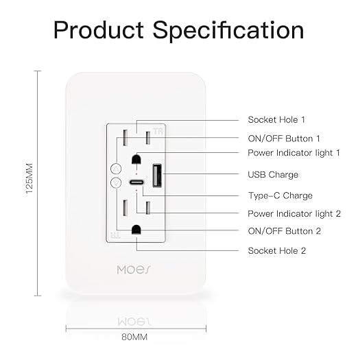 MOES Smart USB Wall Outlet Receptacle with Type-C & Type-A Charger, 2.4GHz Wi-Fi in-Wall Plug Socket, Remote Individual Control On/Off 15Amp, No Hub Required