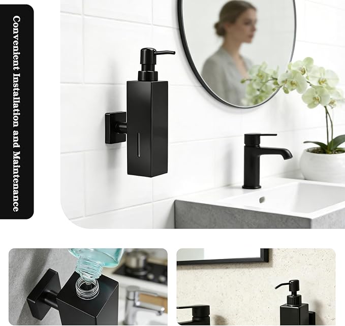 Black Soap Dispenser, Wall-Mounted 304 Stainless Steel Liquid Soap Dispenser for Kitchen and Bathroom