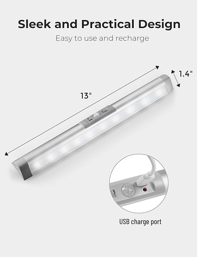 Joyzy 3 Pack Automatic Motion Sensor Closet Lights with Eye-Protection Design, LED Under Cabinet Wireless Lighting, Rechargeable Closet Lightings for Wardrobe Pantry Light