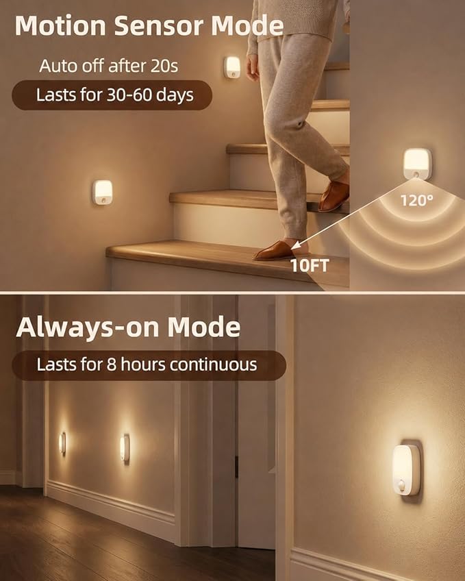 EZVALO Rechargeable Motion Sensor Night Lights, 2 Pack Magnetic Stick-On LED Lights with 3 Color Temperatures, Adjustable & Memory, Cordless Night Light for Closet, Bedroom, Hallway, Stairs, Bathroom