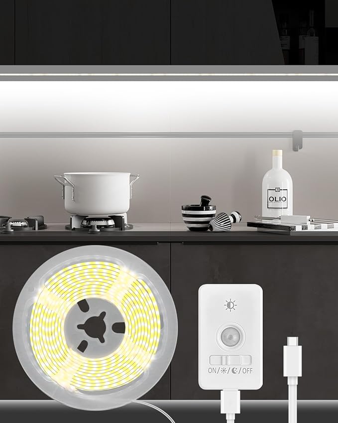 Rechargeable Motion Sensor COB LED Lights Strips, 2 Pack 6.56FT Motion Activated Under Cabinet LED Strip Lights 2200mAh Battery Powered Under Cabinet Strip Lighting Wireless for Kitchen Closet Pantry
