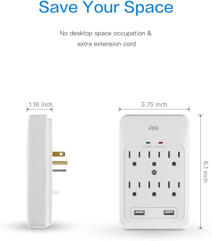KMC 6-Outlet Surge Tap, 2 USB Ports (3.4A), 980 Joules Surge Protector, White