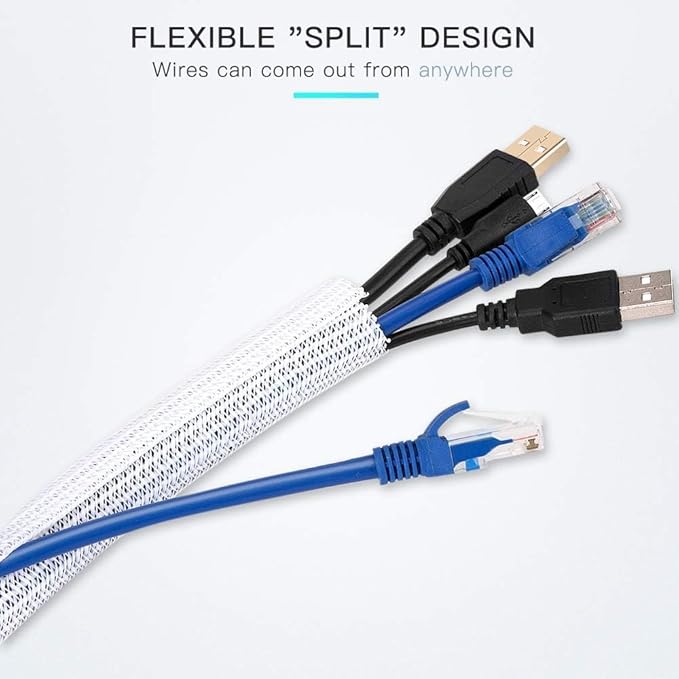 AGPTEK Cable Sleeve, 6.6ft - 2/3 inch Cable Management Desk Cord Cover Organizer Wire Hider for Home Office Computer TV Wire Loom Tubing Pet Proof Cord Protector from Cat Dog Chewing, White