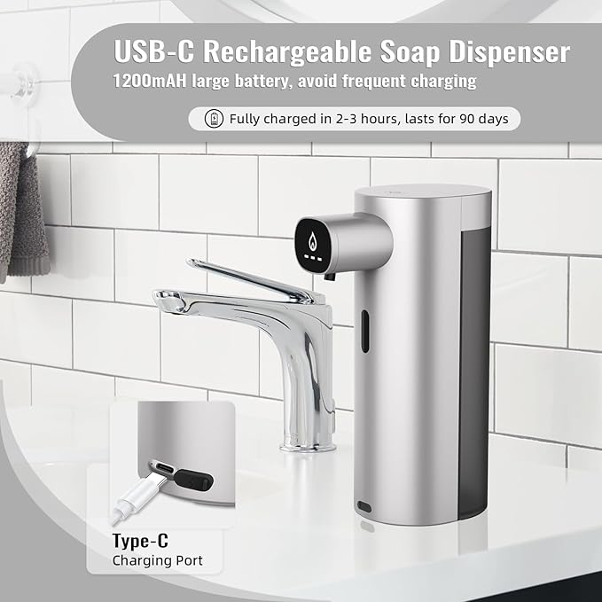 Automatic Liquid Soap Dispenser Touchless, USB Rechargeable Smart Hand Soap Dispenser, 13.5oz/400ml, 3-Level Adjustable, Compatible with Thick Thin Dish Soap for Bathroom Kitchen, Clog-Free (Silver)