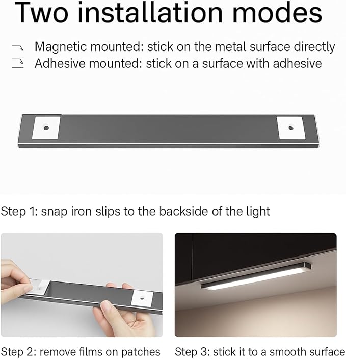 Under Cabinet Lighting 12 Inch, 2 Pack Rechargeable LED Motion Sensor Lights, 3 Color Temperature (3000K/4000K/6000K), USB-C, Magnetic Wireless Closet & Kitchen Lights