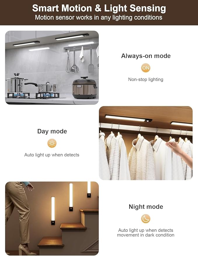 8inch Under Cabinet Lighting, 2 Pack Rechargeable Motion Sensor Light Indoor, 1200mah Under Cabinet Lighting,7 Levels Dimmable Magnetic Closet Lights, Under Counter Lights for Kitchen