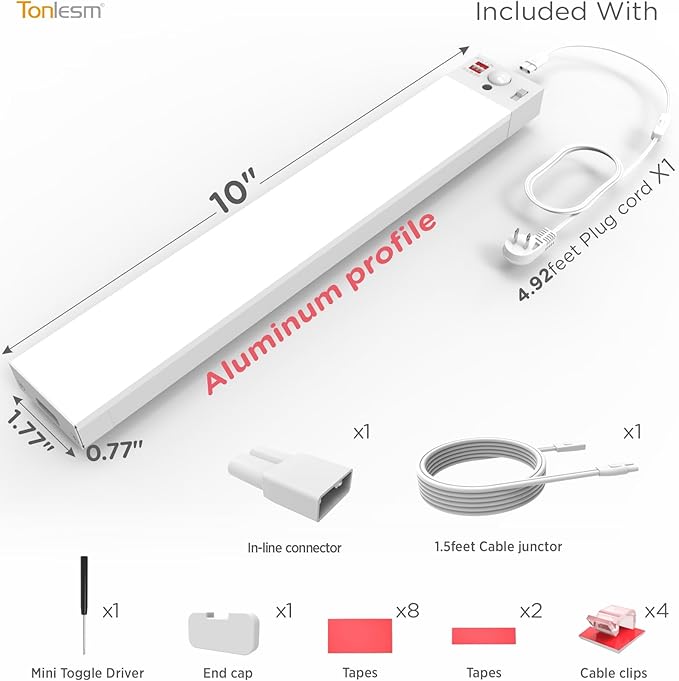 Under Cabinet Lighting Plug in 10in AC120V with Motion Sensor 3000K/4000K/5000K, Super Bright, Linkable Under Counter Light for Kitchen, Shelf, Sink, Closet, Aluminum White 1Pack