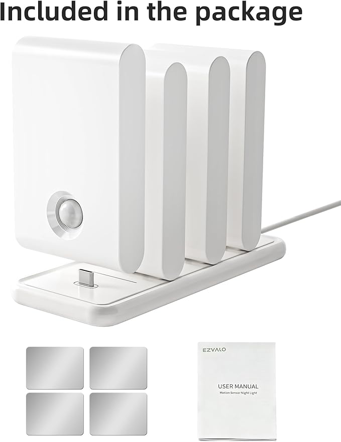 EZVALO Motion Sensor Stair Lights Indoor, Rechargeable Night Lights with Magnetic & Dimmable, Auto On/Off 3000K Soft White, Stick-On for Stairs, Hallway, Bathroom (4 Pack with Charging Station)