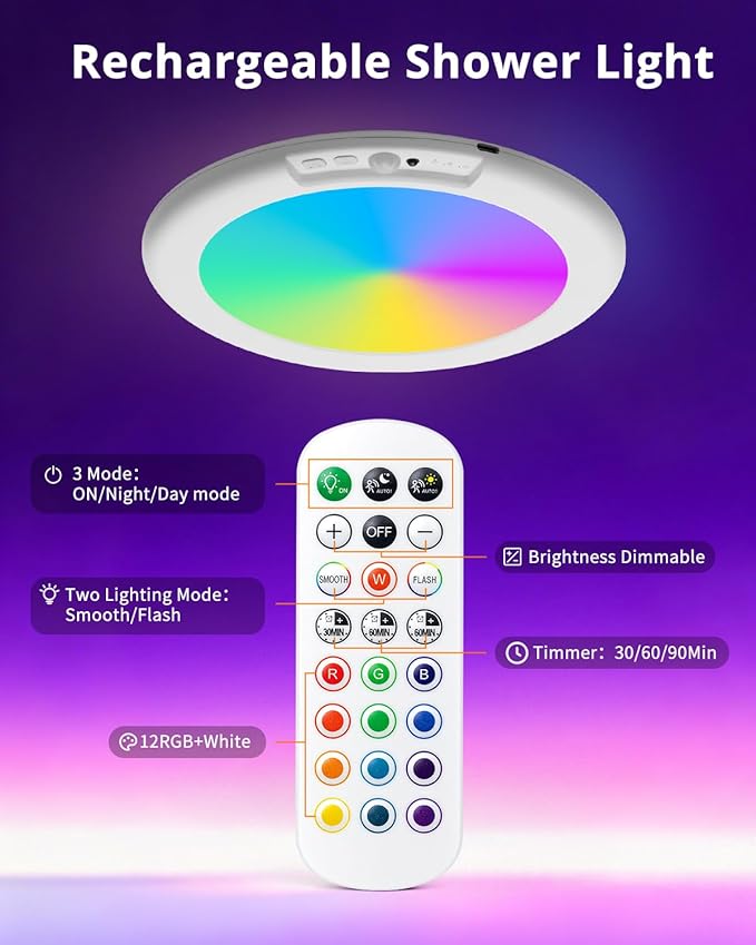 wowatt Rechargeable Shower Light with Remote, RGB Colors Changing & White Light for Shower, Shower Lights for Inside Shower with Motion Sensor, IP44 Waterproof Lights for Shower Closet Bedroom