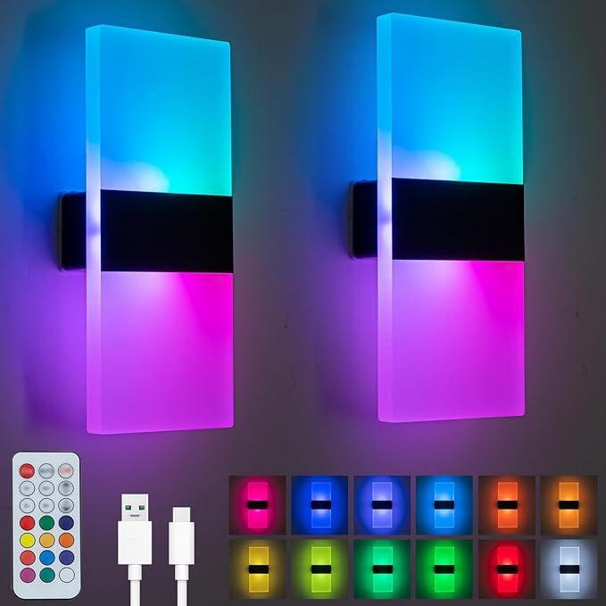 2 Pack LED Wall Lights, Rechargeable Battery Powered RGB Wall Sconce, 12 Color Changing Magnetic Night Lamp, Remote Control Dimmable Cordless Decor Lighting for Bedroom Hallway Stairway