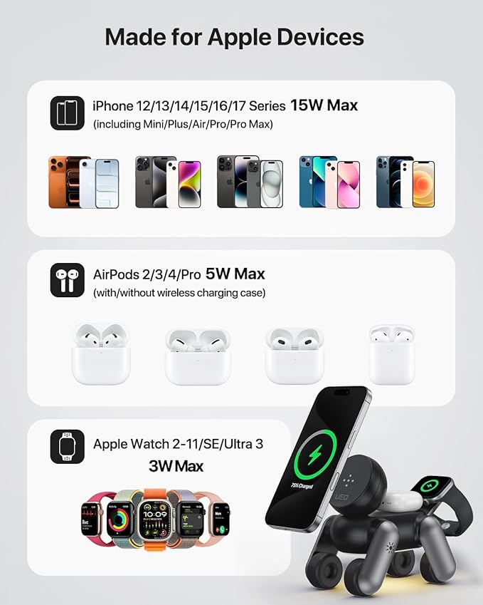 UEQ 3 in 1 Wireless Charging Station for Apple Devices,Foldable Cute Magnetic Mag-Safe Wireless Charger Stand with Night Light for iPhone 17 Air 16 15 14 13 12 Series,AirPods 4 3 2 Pro,Apple Watch