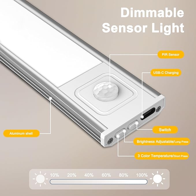 Onforu 9.8" Under Cabinet Lighting, 2000mAh USB-C Rechargeable, Motion Sensor Under Cabinet Lights with 3 Color & Dimmable, Magnetic Under Counter Lights for Kitchen, Closet, 6 Pack