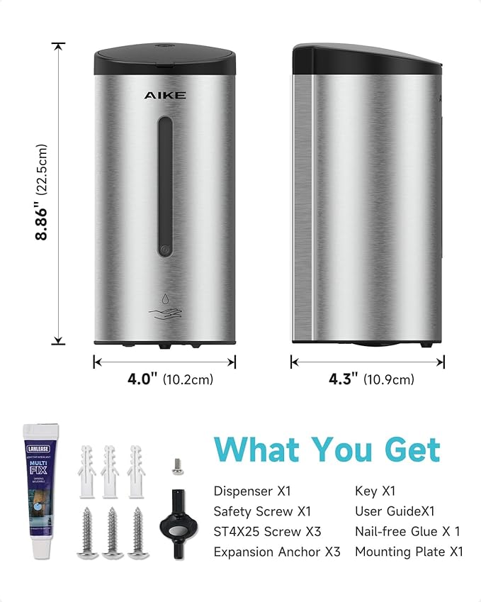 AIKE Automatic Wall Mount Liquid Soap Dispenser, Commercial Stainless Steel with 25oz Large Capacity Save Time Effort and Cost,Model AK1205(Brushed)